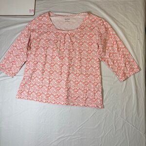 Kenneth Woman 1X Coral White Geometric Print 3/4 Sleeve Top‎ Plus Size
